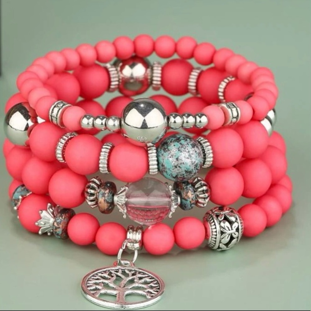 4pcs tree detail round charm beaded bracelet ✨